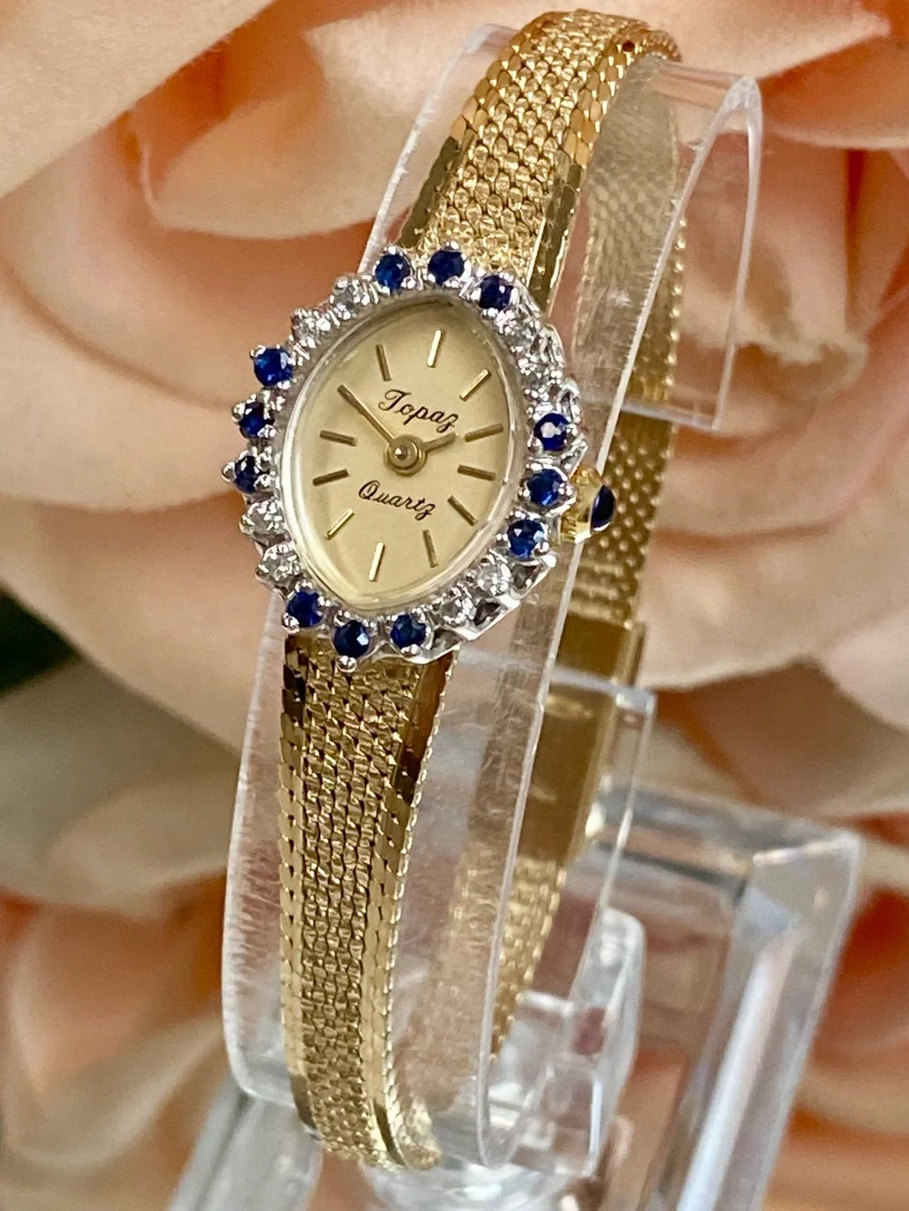 Vintage Topaz Diamond and Sapphire Accented Bezel Dainty Cocktail Watch